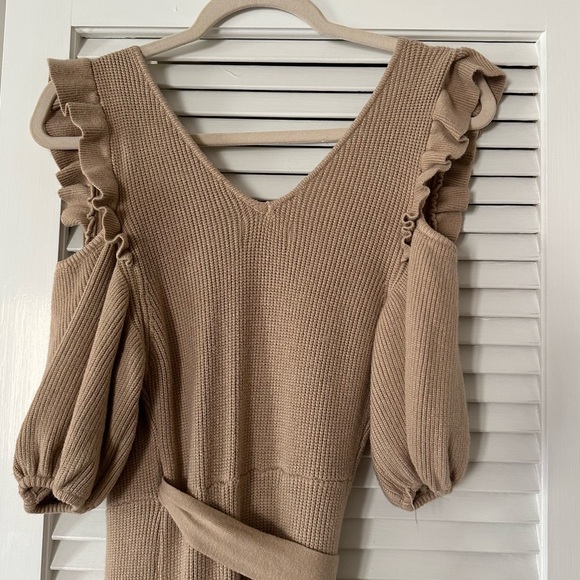 Never Fully Dressed ruffle cold shoulder wrap tie knitted midi dress in camel - Picture 5 of 8